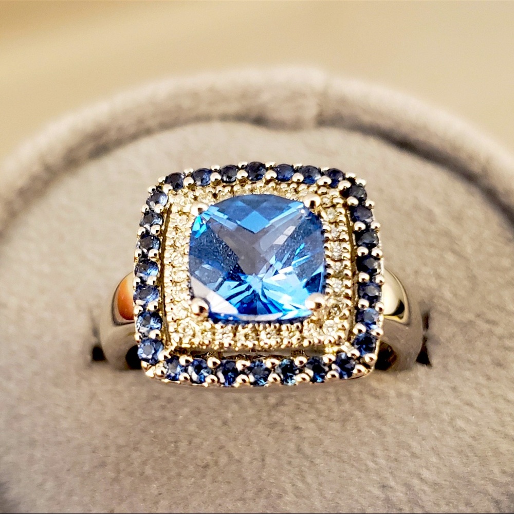 Levian Ring With Blue Topaz And Sapphire Diamond In 14K White Gold Size 6.5